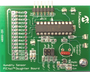 Демоплата  This board supports the capacitive humidity sensor application note AN1016. It measures the capacitance of a relative humidity sensor plugged into the board. The on-board microcontroller sends the measured and calculated relative humidity (RH) to a PC for