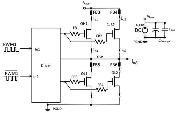 Полумостовая схема с парой параллельных GaN-транзисторов с ферритовыми бусинками в цепях стока