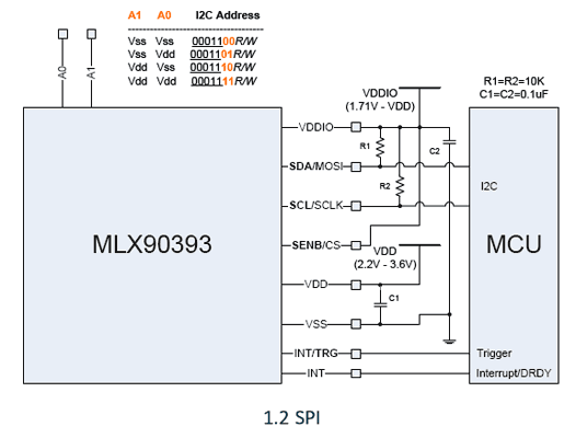 Рекомендуемая схема приложения MLX90393 с использованием I2C интерфейса