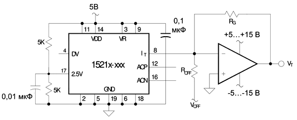 Схема подключения встроенного датчика температуры аналоговых акселерометров 1521